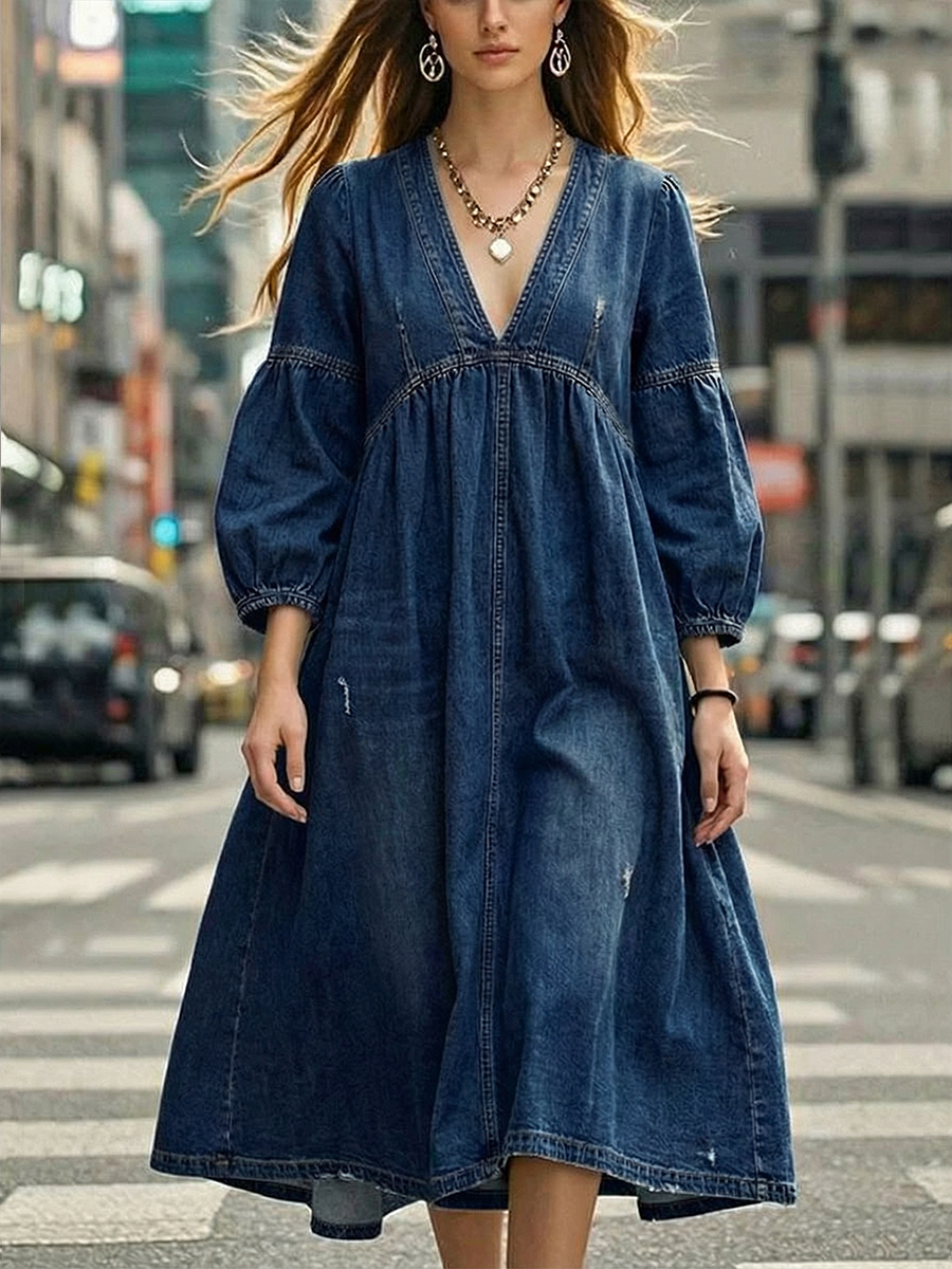 Women's Casual Loose-fitting 100% Cotton Denim Dress