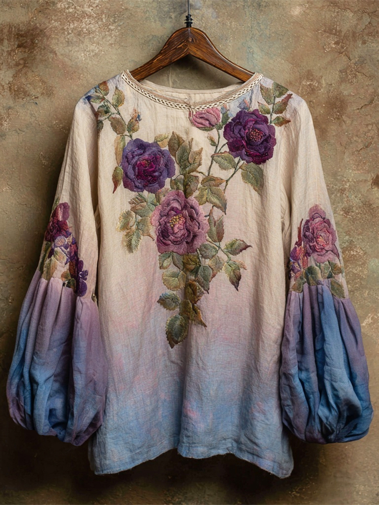 Boho Romantic Floral Embroidery Gradient Women's Linen Loose Shirt