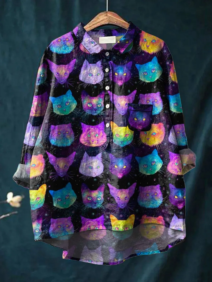 Galaxy & Cats Pattern Printed Women's Casual Cotton & Linen Shirt