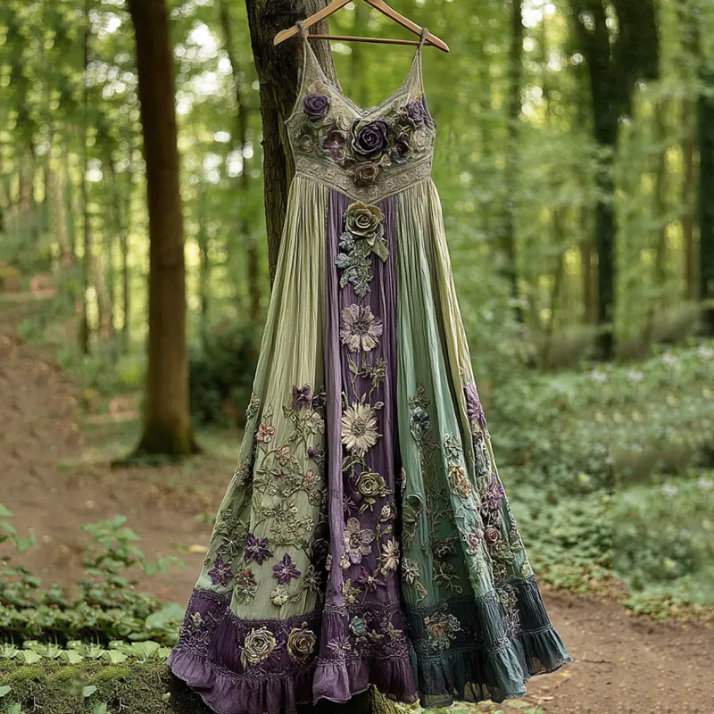 Classy Gradient Purple Lavender And Floral Embroidered Suspender Long Dress