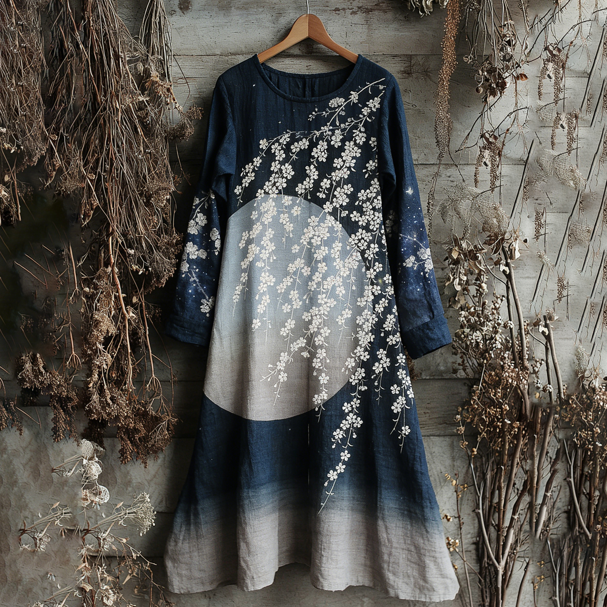 Vintage Japanese Floral Art Pattern Linen Blend Maxi Dress