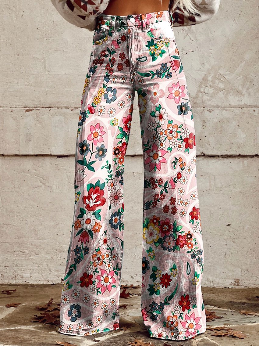 Vintage Stamen Print Casual Wide-Leg Pants