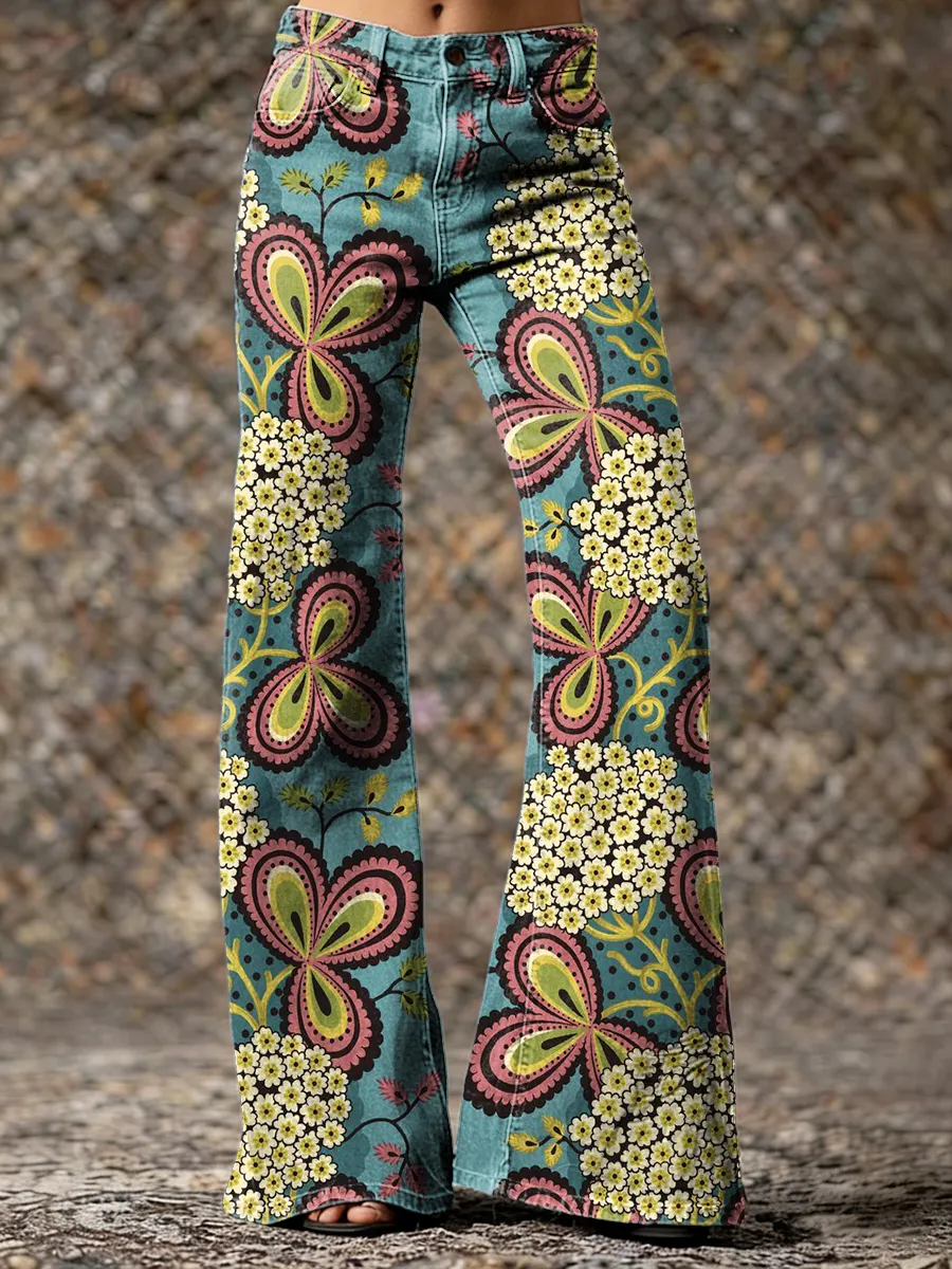 Vintage Ethnic Blue Floral Hippie Art Prints Casual Flared Pants