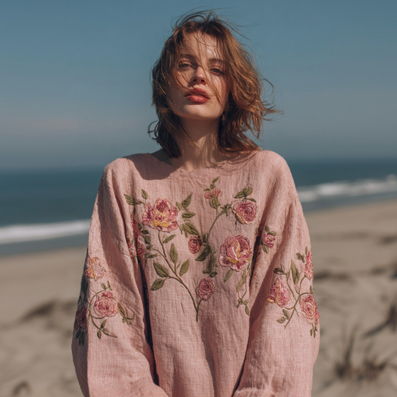 Women's Bohemian Rose Embroidered Round Neck Comfortable Top