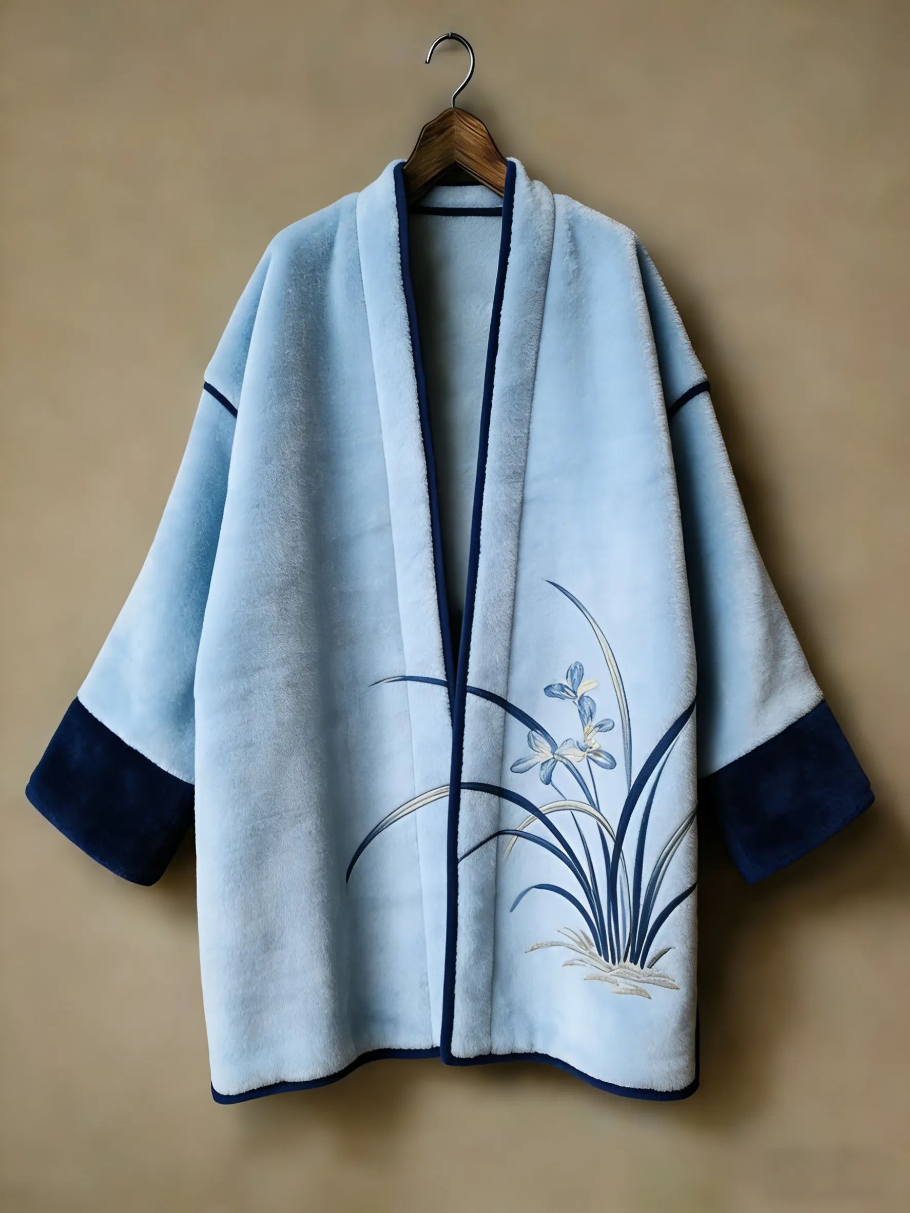 Flannel embroidered printed medium and long kimono cardigan