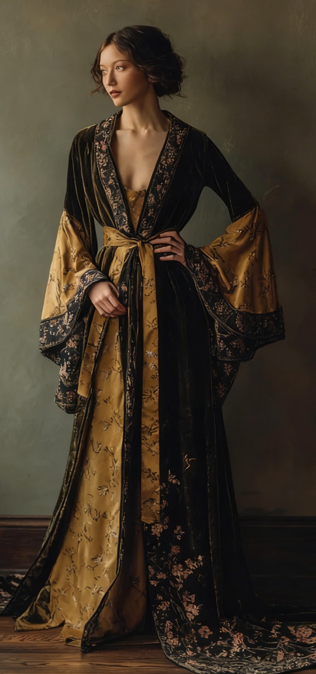 Elegant autumn/winter vintage floral style velvet robe (with belt)