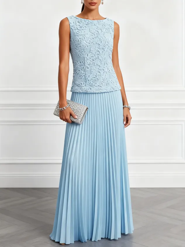 Light Blue Lace Jacquard Classic Boat Neck Sleeveless A-Line Floor-length Gown