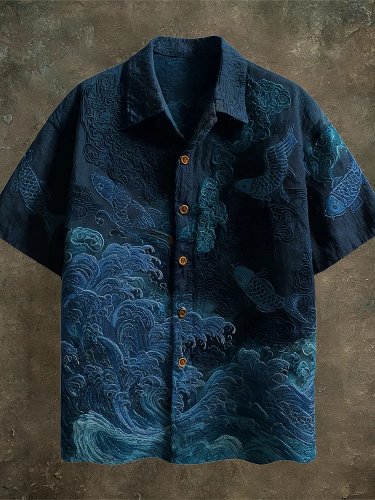 Japanese Sea Animal Pattern Linen Short Sleeve Shirt