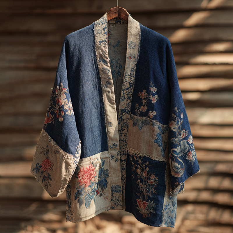 Vintage Japanese Traditional Sashiko Floral Patchwork Art Print Cotton & Linen Blend Kimono Cardigan