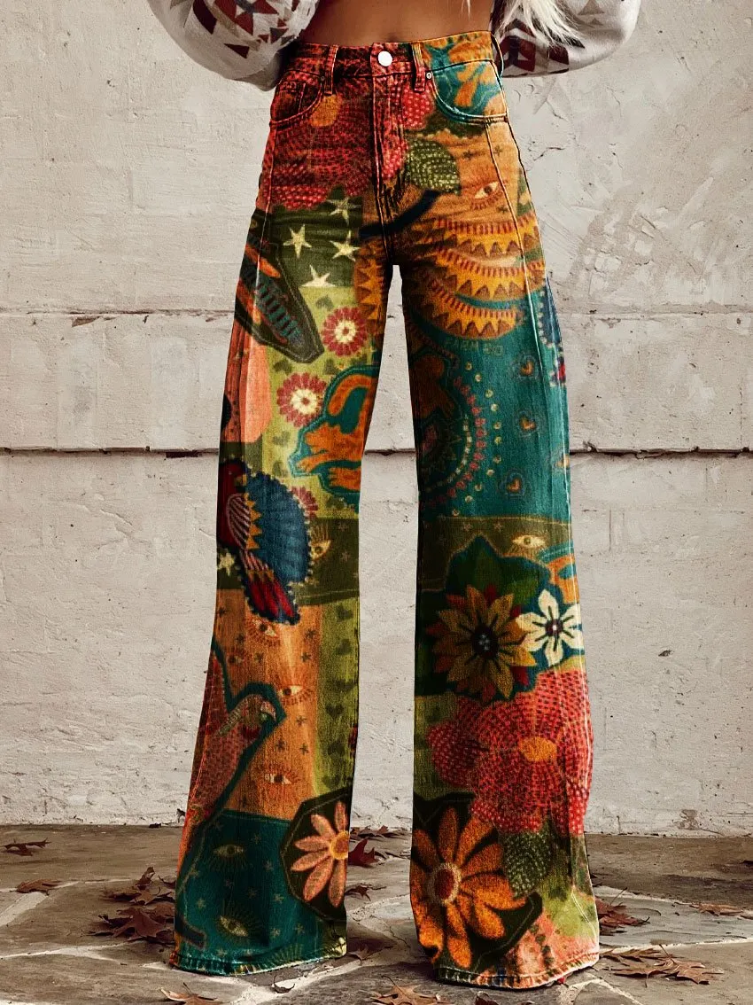 Vintage Print Casual Wide-Leg Pants