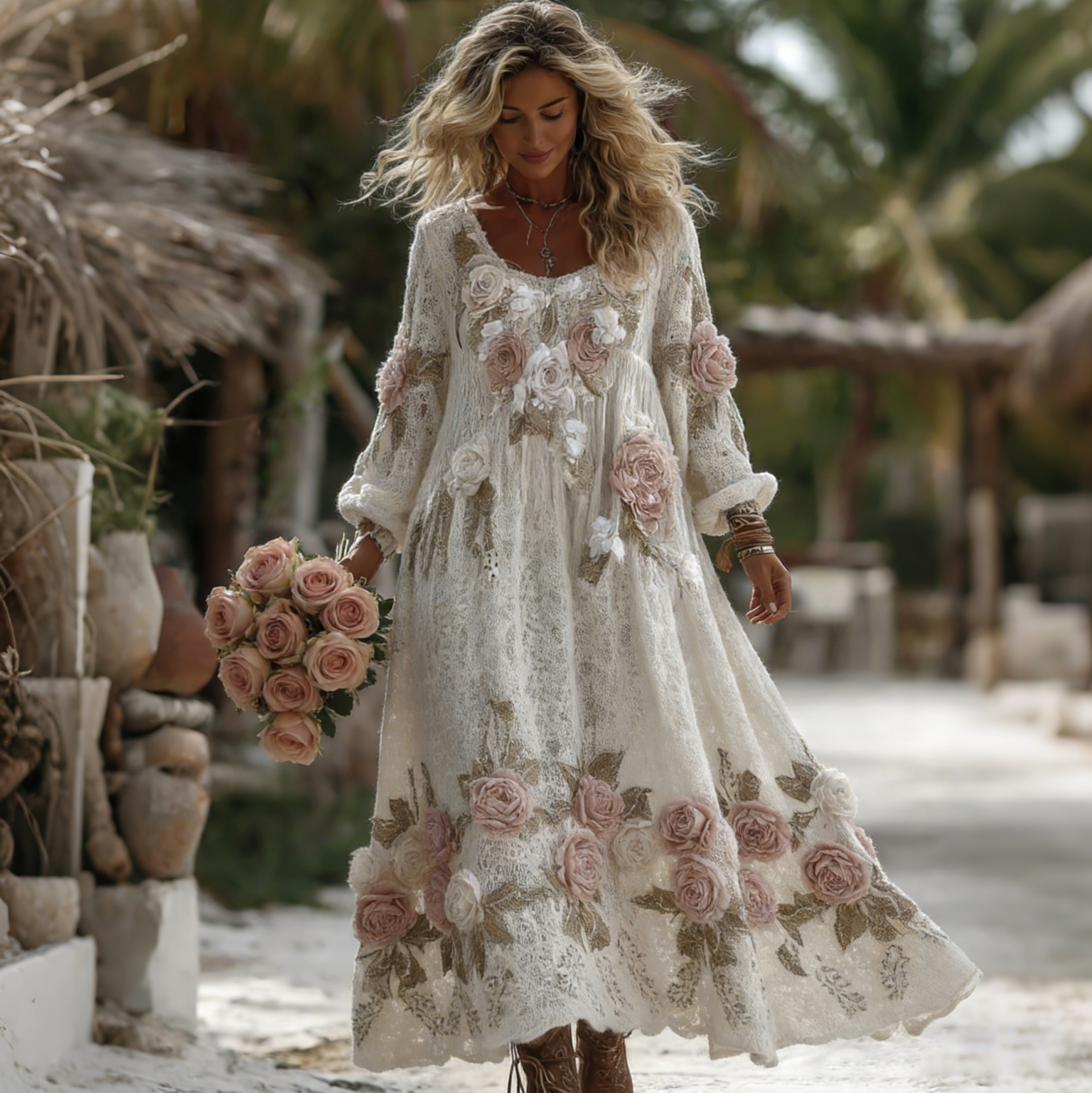 Women's Vintage Romantic White Rose Embroidery Art Comfy Knitted Maxi Dress