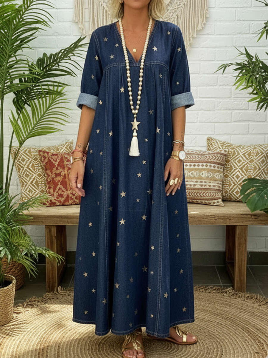 Casual Gold Star Print 100% Cotton Denim Dress