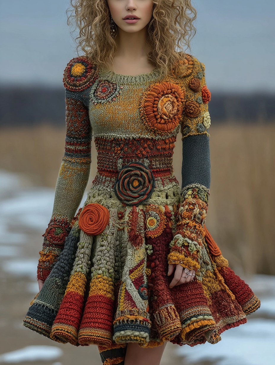 Vintage Floral Crochet Colorblock Cozy mini Sweater Dress