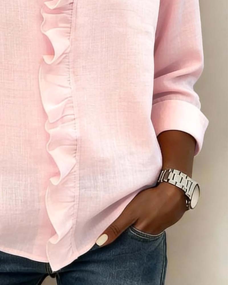 Ruffled Blouse with V-Neck & Long Sleeves