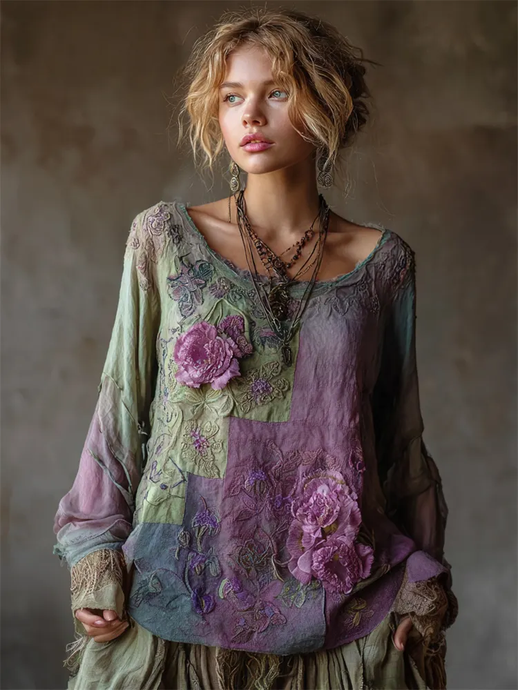 Vintage Lavender Floral Fiber Art Patchwork Flowy Linen Shirt