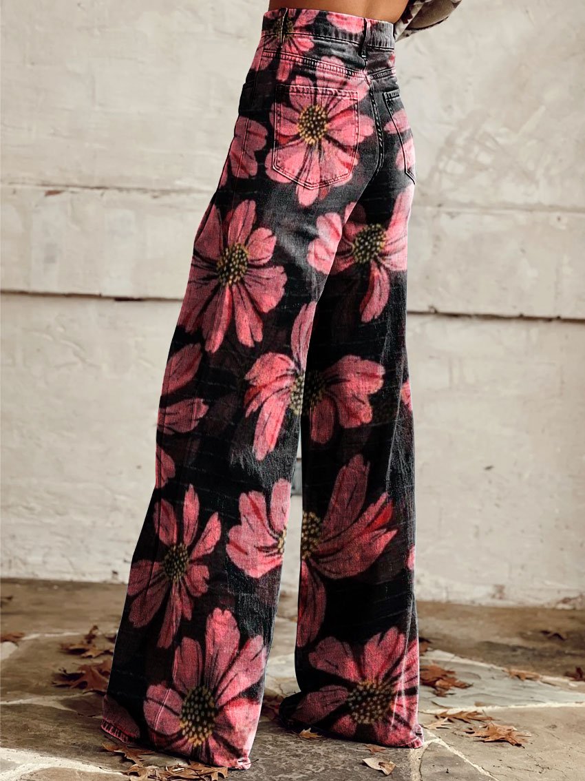 Vintage Flower Print Casual Wide-Leg Pants
