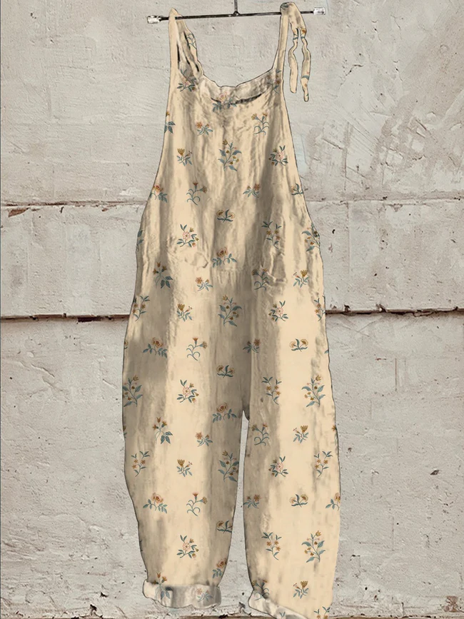 Vintage Style Simple Meadows Floral Pattern Printed Women's Casual Wide-Leg Jumpsuit