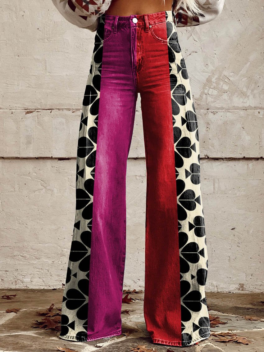 Red Print Casual Wide-Leg Pants