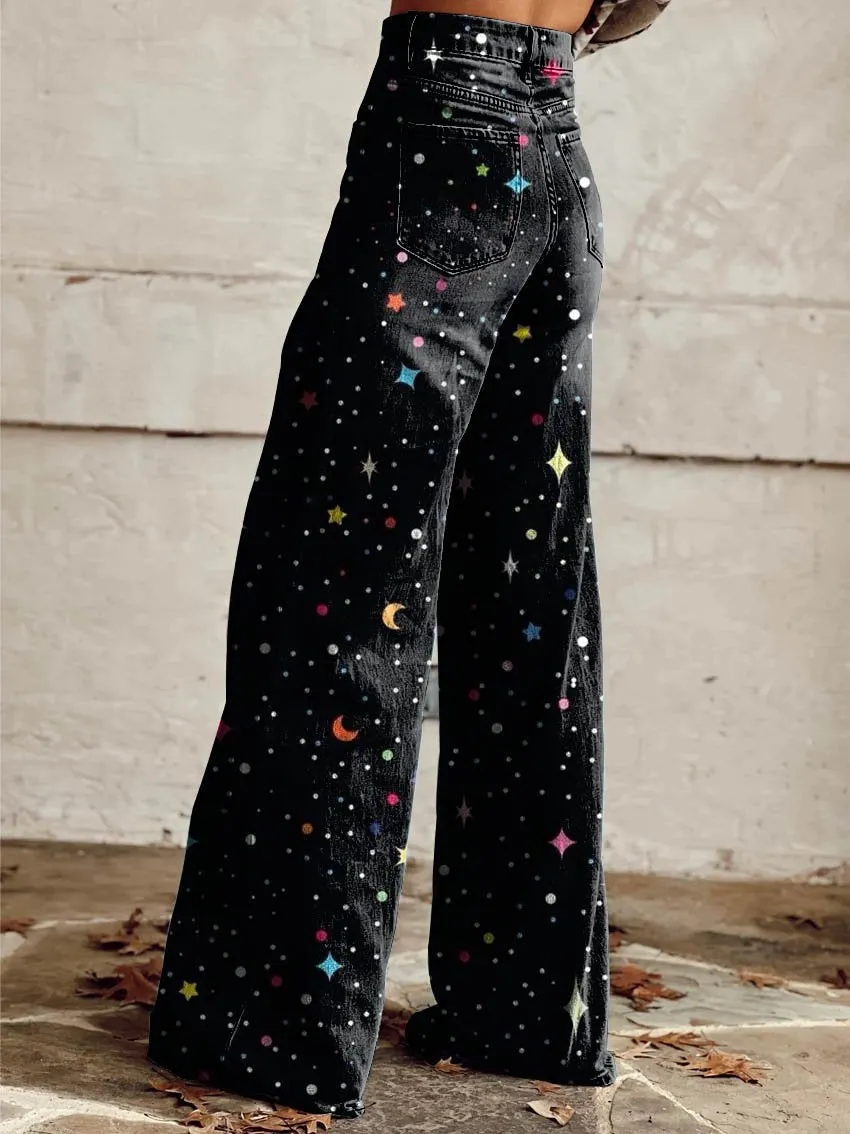 Black Color Stars & Moon Print Casual Wide-Leg Pants