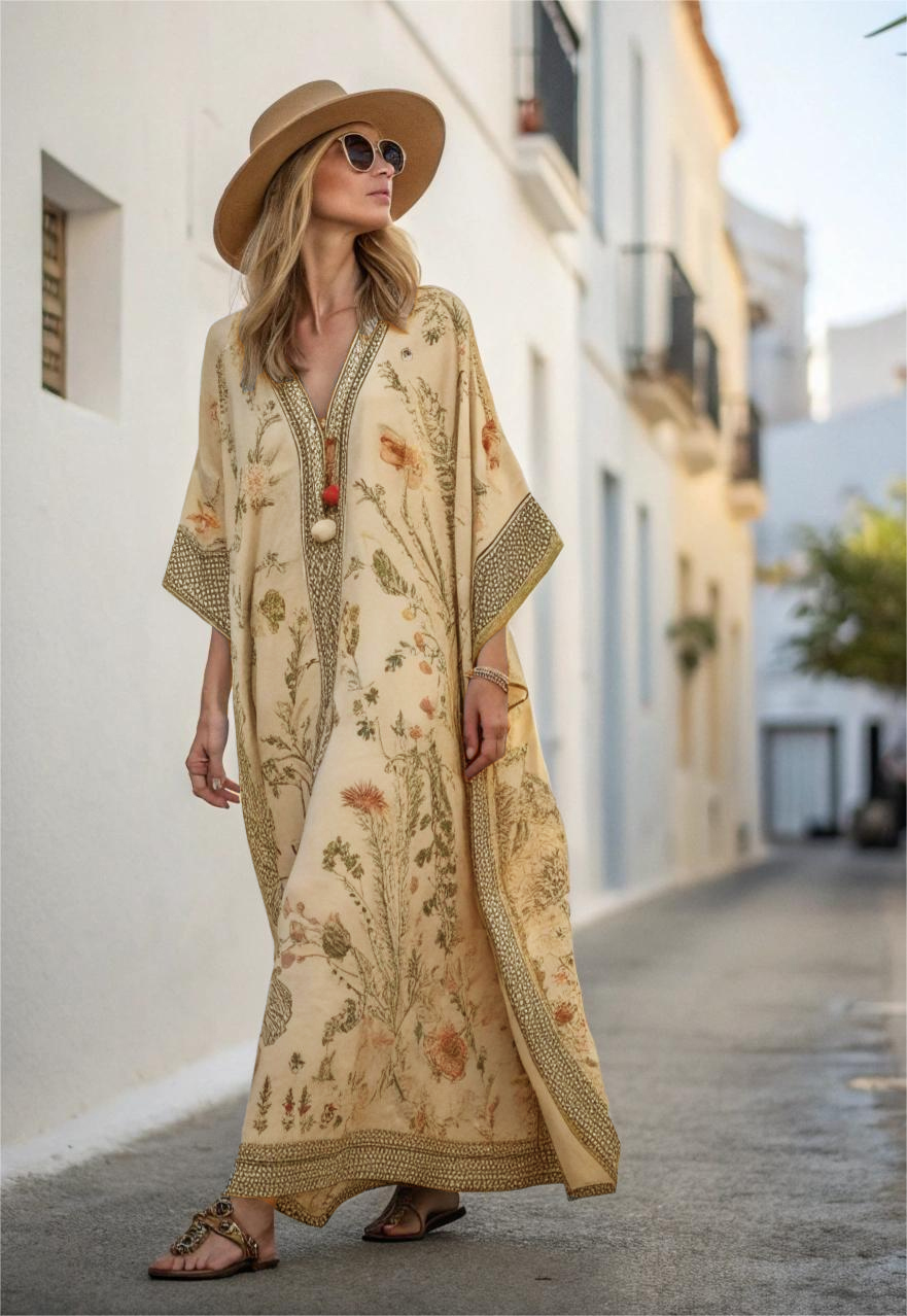 Contton & Linen Long-Sleeve Kaftan Maxi Dress
