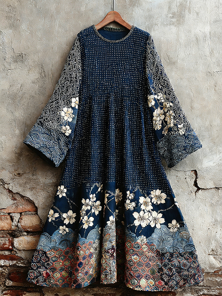 Traditional Japanese Sashiko Art Round Neck Dress