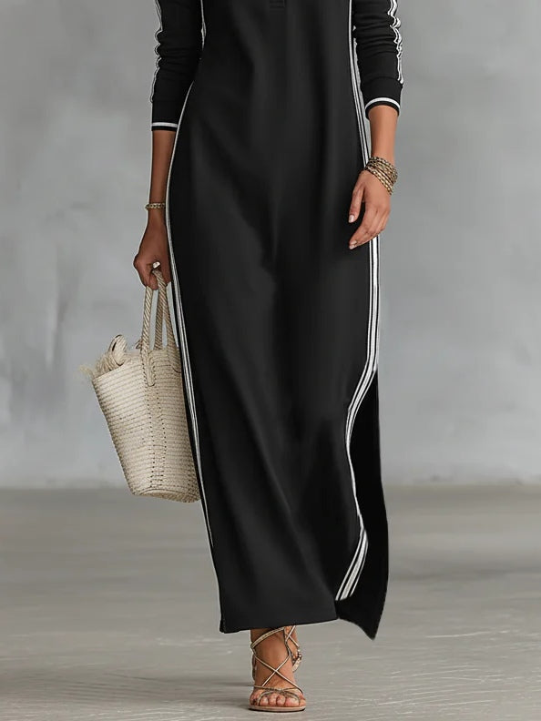 Black Minimalist White-trimmed Button-down Sweatshirt Maxi Dress