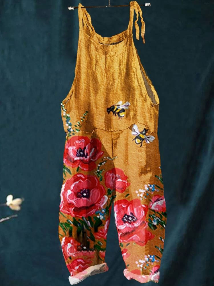 Bee Art Print Casual Wide-Leg Jumpsuit