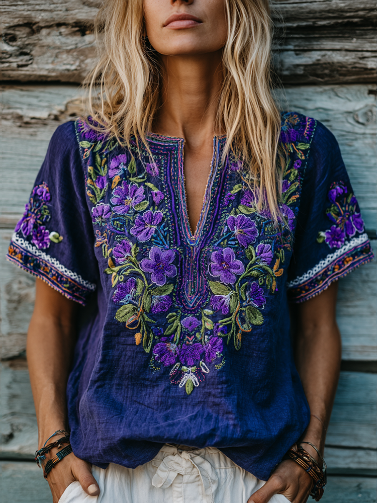 Women's Floral Embroidery Art V-neck Shirt