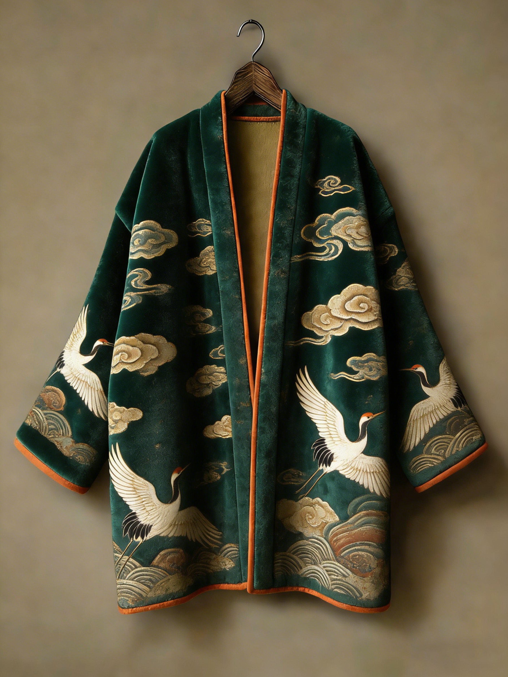 Oriental aesthetic printed flannel embroidered medium and long kimono cardigan