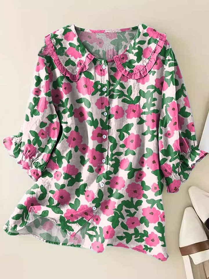 Vintage Floral Art Print Loose Top Peter Pan Collar Half Sleeve Blouses