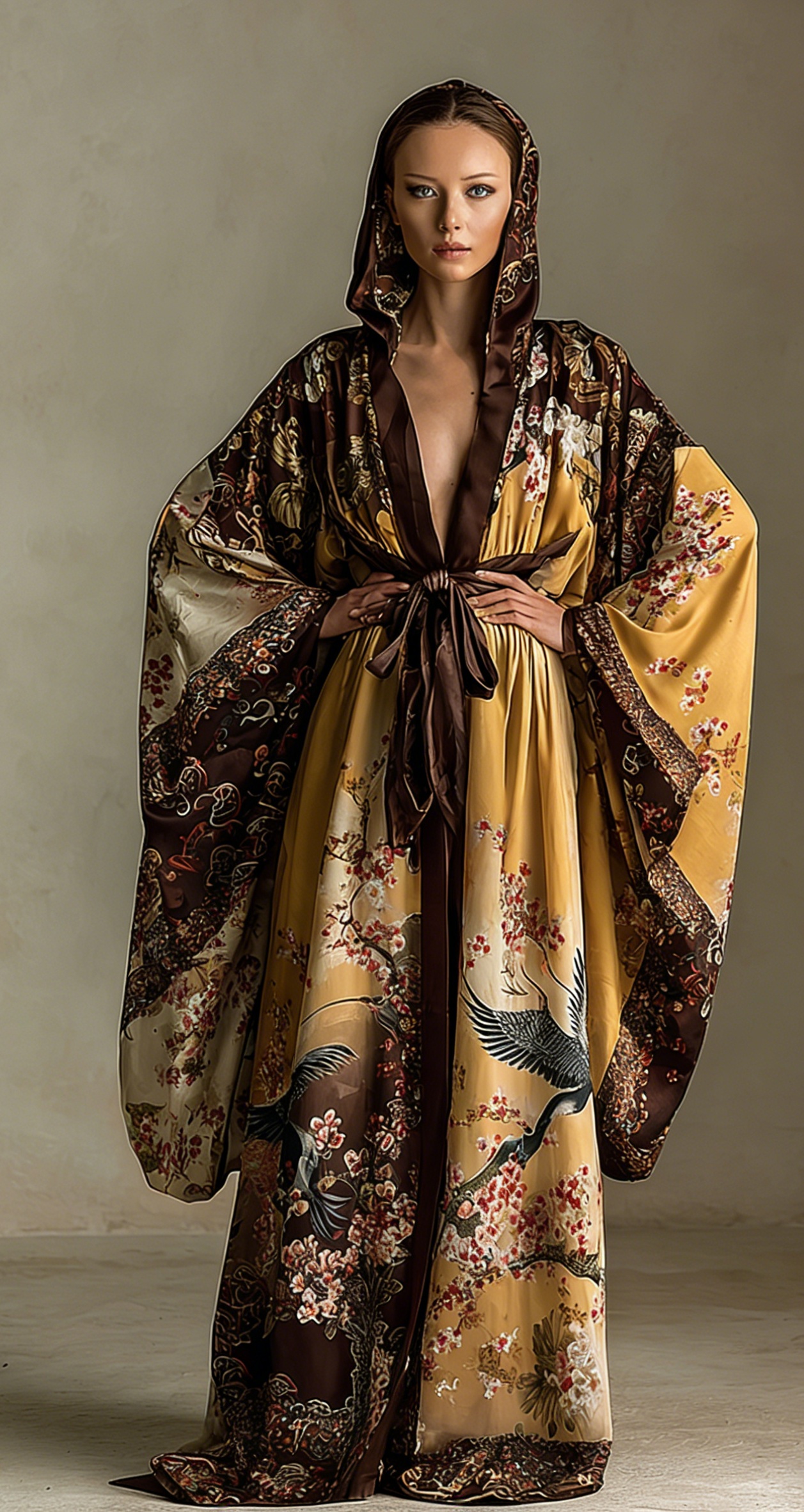 Women's Vintage Gorgeous Slim Floral Print Hooded Robe (belt Included)
