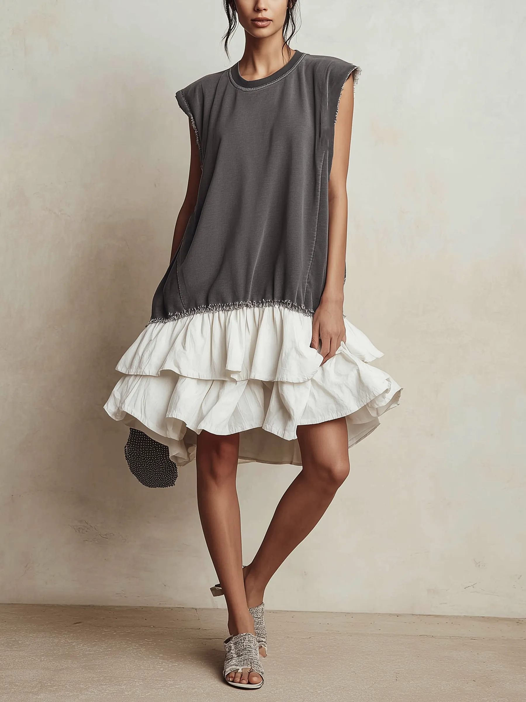 Contrast Raw Edge Tiered Hem Sleeveless Mini Dress Color Block Casual Loose Fit Vacation Dress