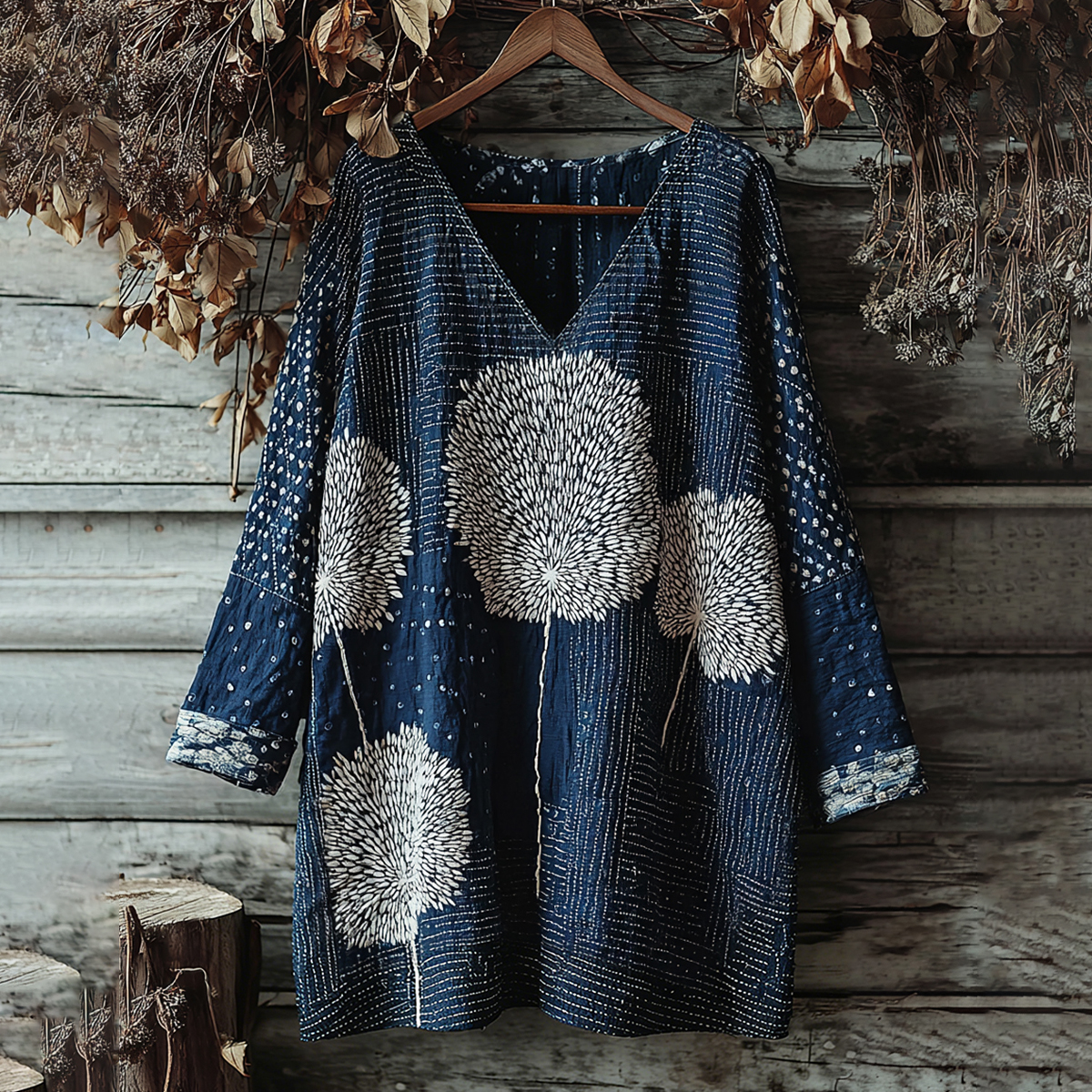 Vintage Japanese Traditional Sashiko With Lace Art Pattern Linen Blend Mini Dress