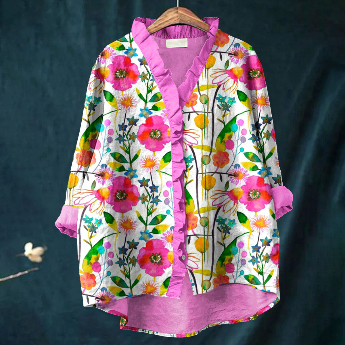 Vintage Floral Art Print Casual Cotton & Linen Ruffle Shirt