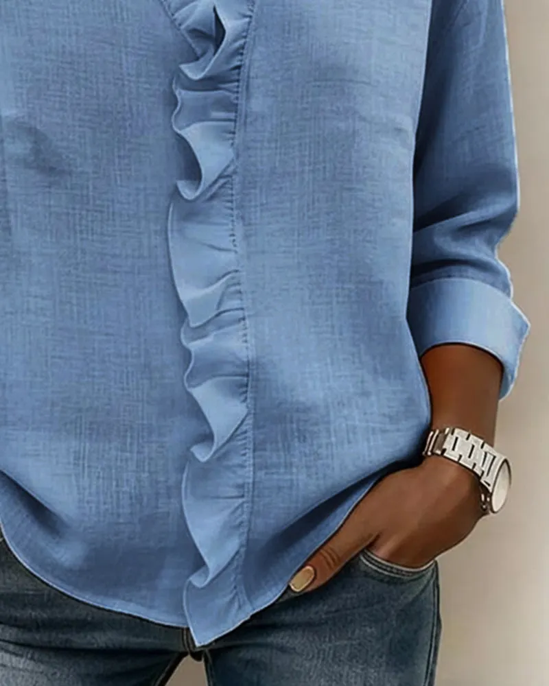 Ruffled Blouse with V-Neck & Long Sleeves