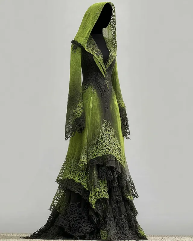 Boho Witch Gradient Snake Print Lace Paneled Hooded Evening Dress be6b