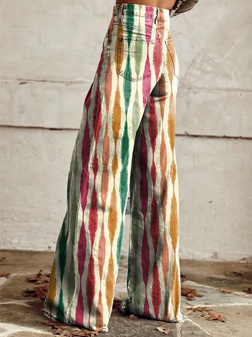 Vintage Print Casual Wide-Leg Pants