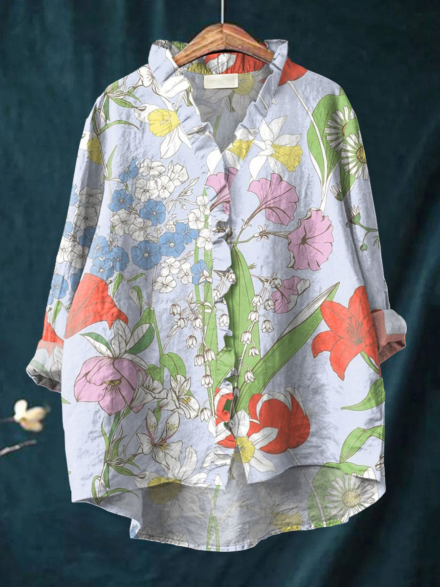 Vintage Flowers Art Print Casual Cotton & Linen Ruffle Shirt