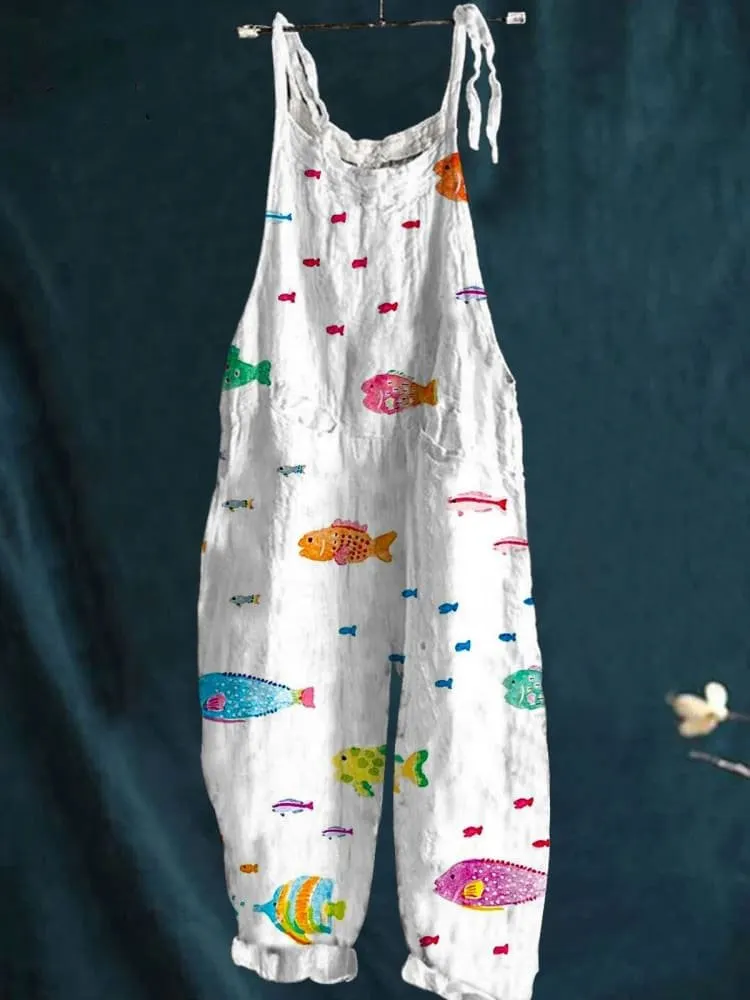 Vintage Lovely Fish Art Print Casual Wide-Leg Jumpsuit