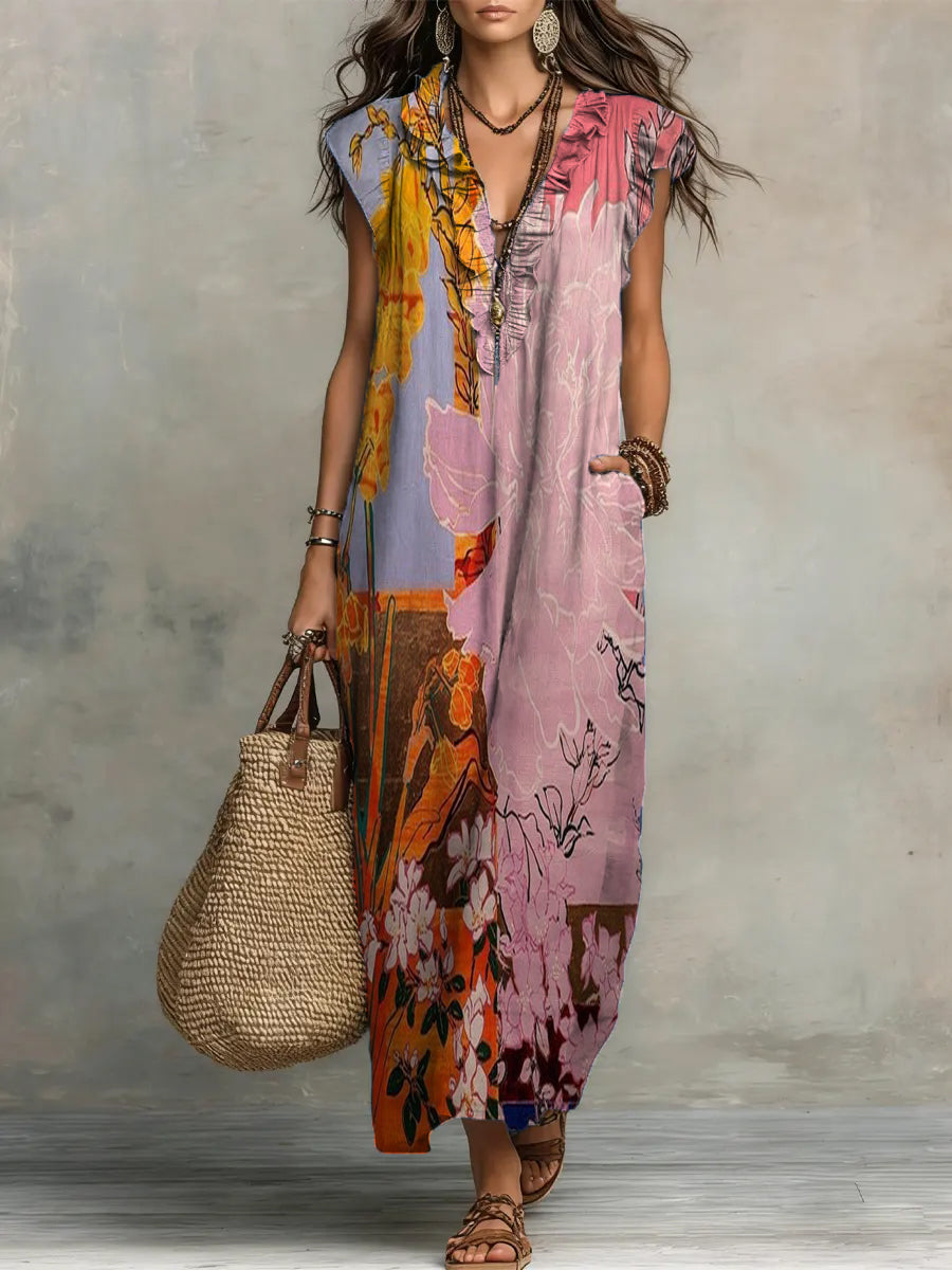 Art Print V-Neck Ruffle-Trim Maxi Dress