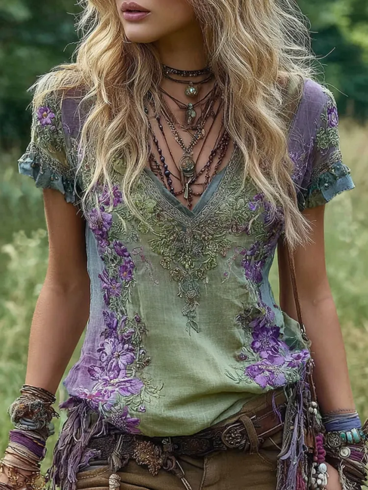 Vintage Flower Embroidery Linen V-neck Short Sleeve T-shirt