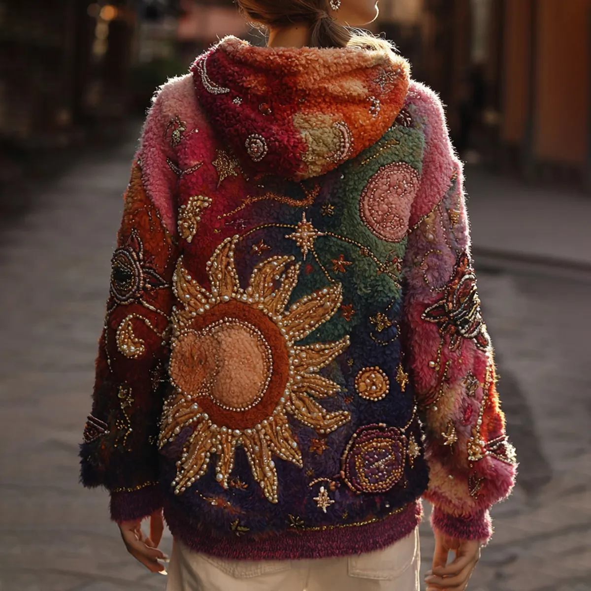 Halloween Themed Star And Moon Pearl Embroidery Gradient Hoodie