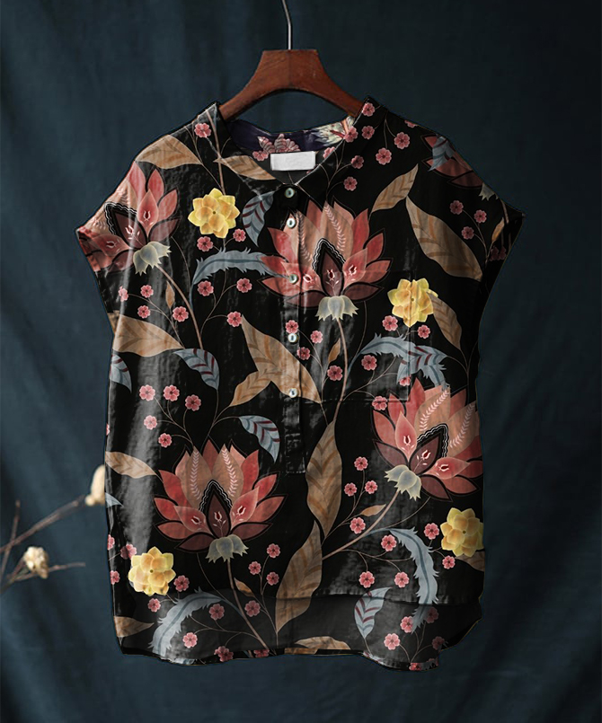 Vintage Floral Print Short-sleeved Cotton & Linen Shirt
