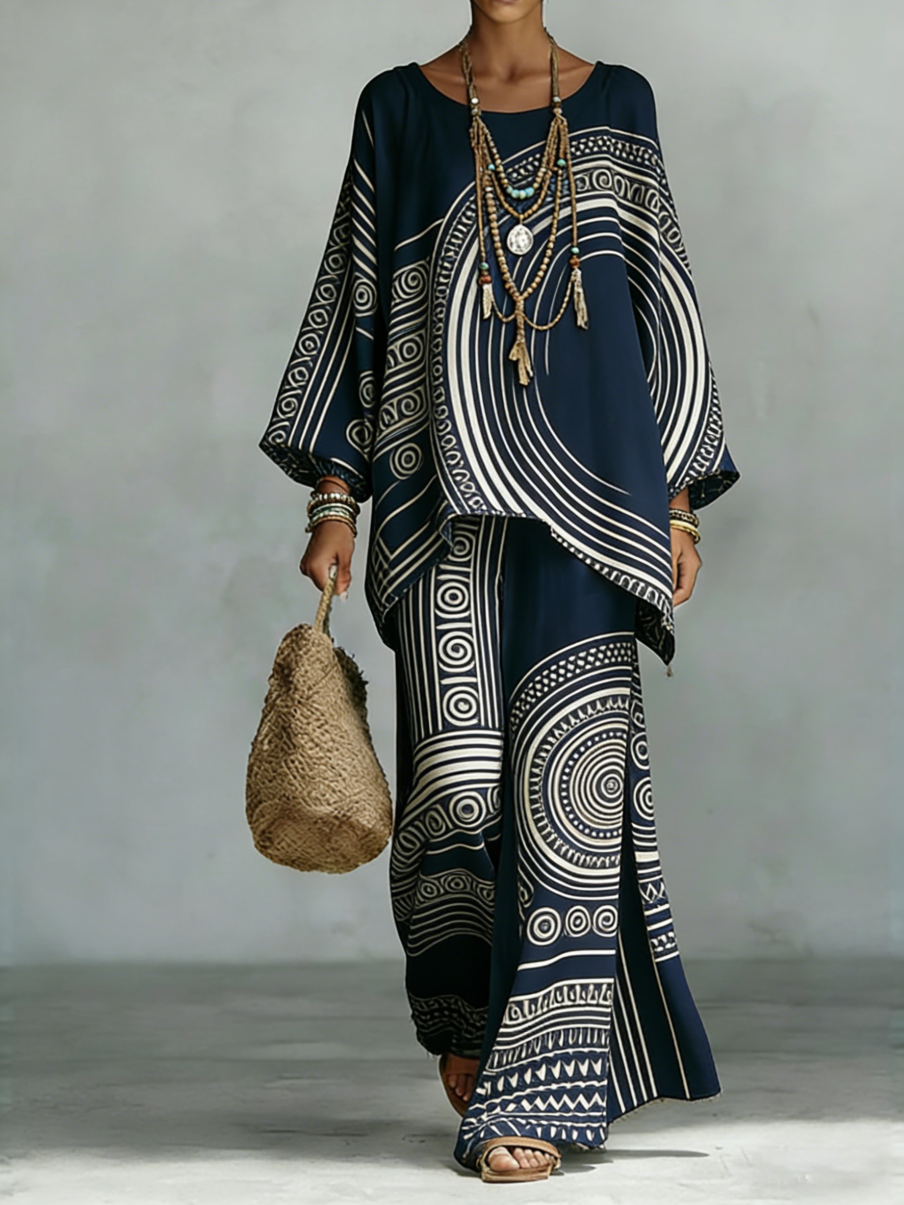 Comfortable & loose print pattern cotton & linen wide-leg pants two-piece set