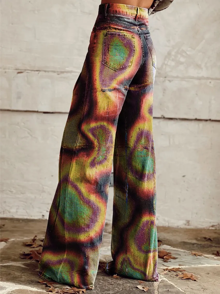Vintage Print Casual Wide-Leg Pants