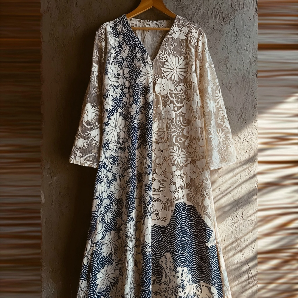 Japanese Waves Patchwork Hollow Lace Flowy Maxi Dress