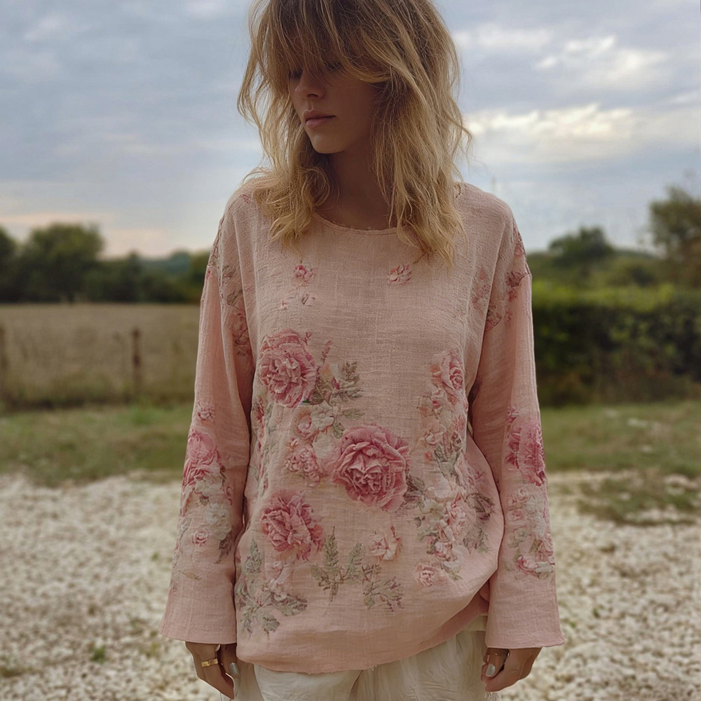 Vintage Boho Roses Pattern Round Neck Cozy Linen Tunic