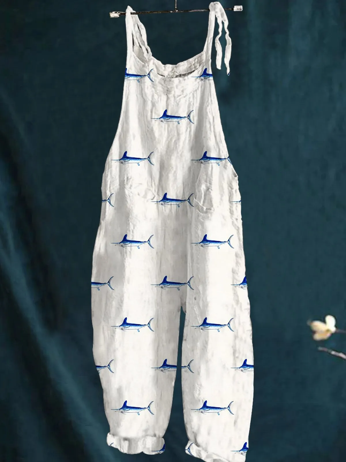Fresh Blue Little Fish Print Casual Wide-Leg Jumpsuit