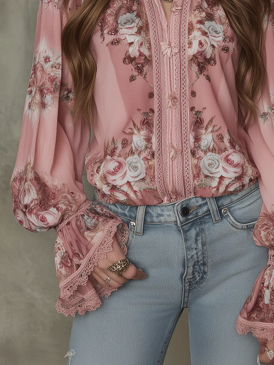 Bohemian Vintage Floral Lace-Trim Chiffon Blouse
