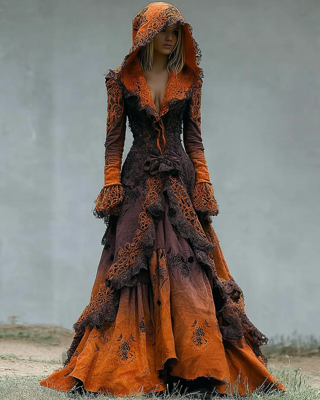 Bohemian style Irregular Gradient Lace Patchwork Hooded Evening Dress bc3a